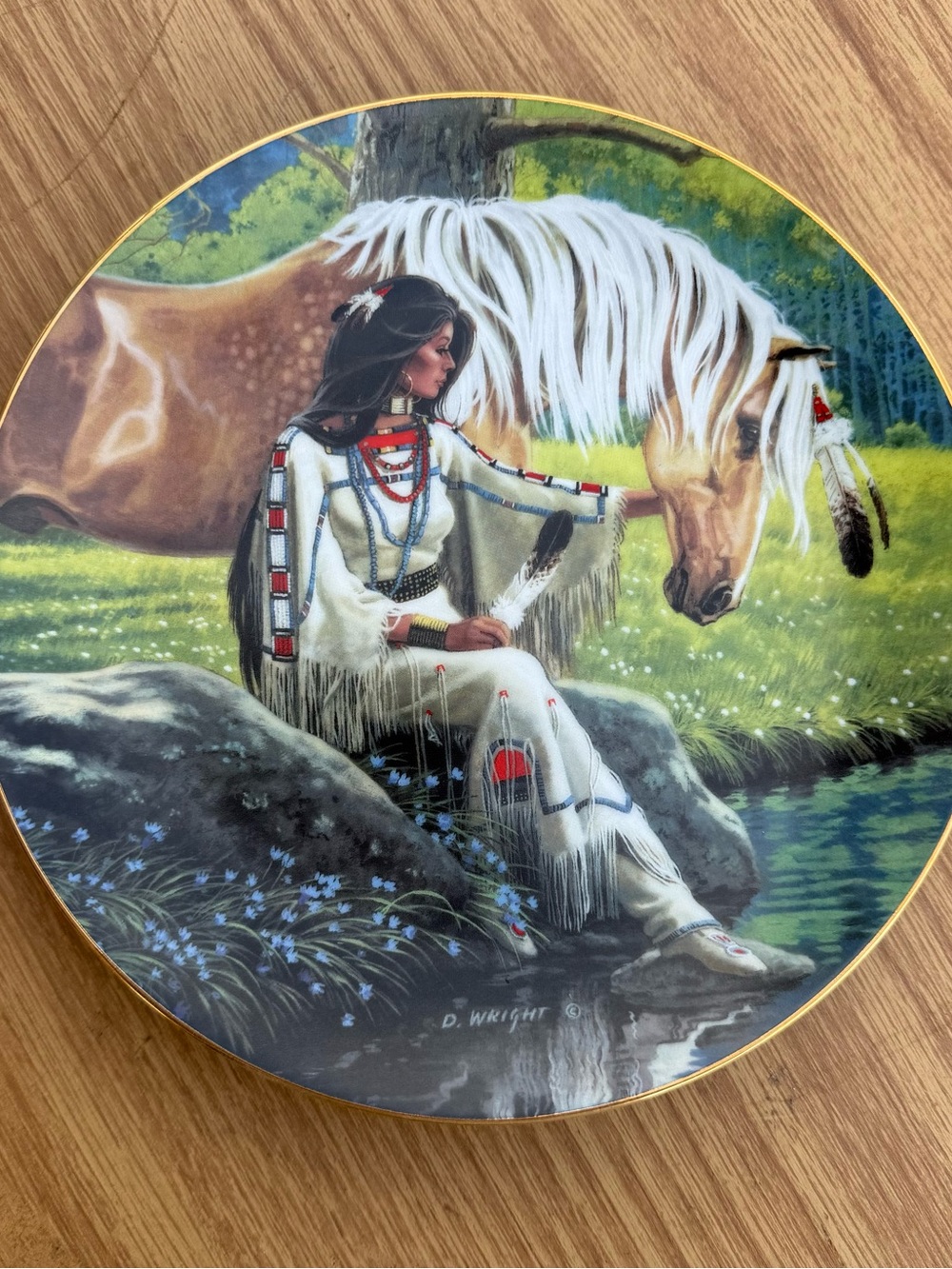 Decorative Native American Woman and Horse Art Plate - White, Brown, Green